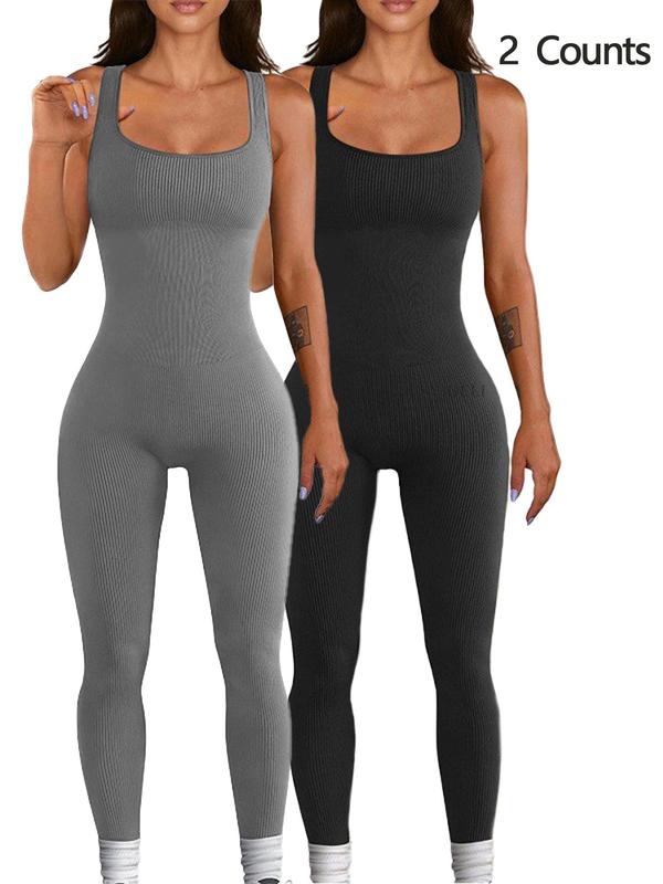 Women's Solid Ribbed Seamless Sports Jumpsuit, Sporty Comfy Breathable Sleeveless Bodycon Jumpsuit for Yoga Gym Workout, Ladies Sportswear for All Seasons