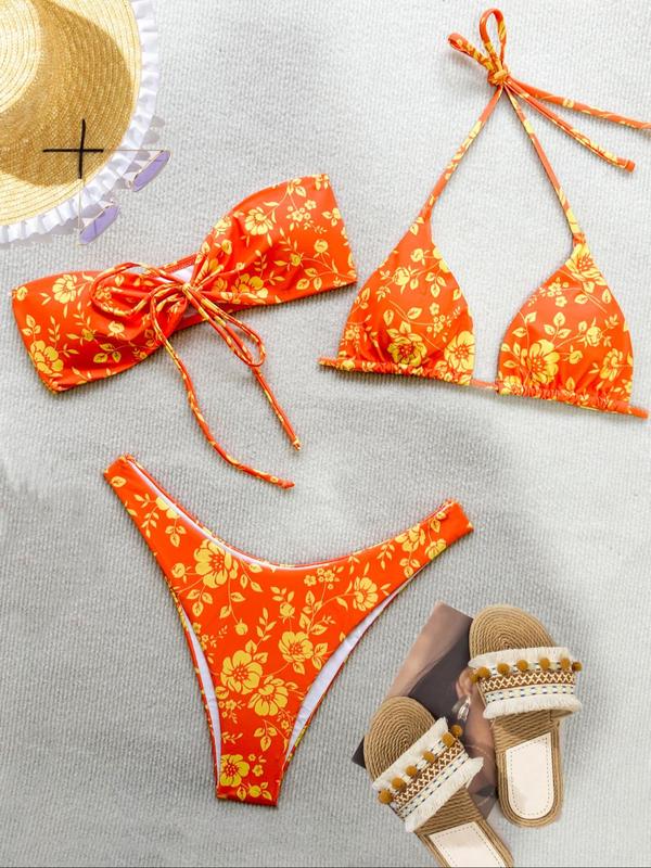 Three-Piece Set Women's Floral Print Tie Front Bandeau Top & Tie Back Triangle Top & High Cut Bottom Bikinis Set, Fashion Chic Swimwear for Beach Holiday Vacation, Summer Outfits, Ladies Summer Clothes