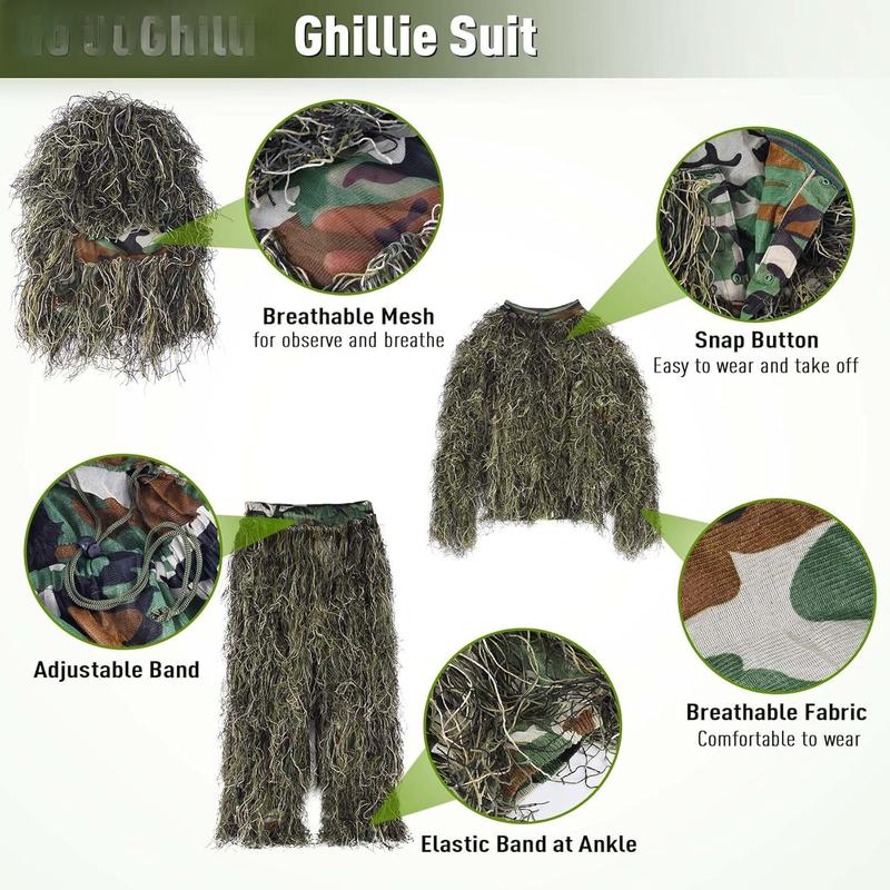 6 in 1 Ghillie Suit, 3D Camouflage  Apparel Including Jacket, Pants, Hood, Carry Bag and Camo Tapes