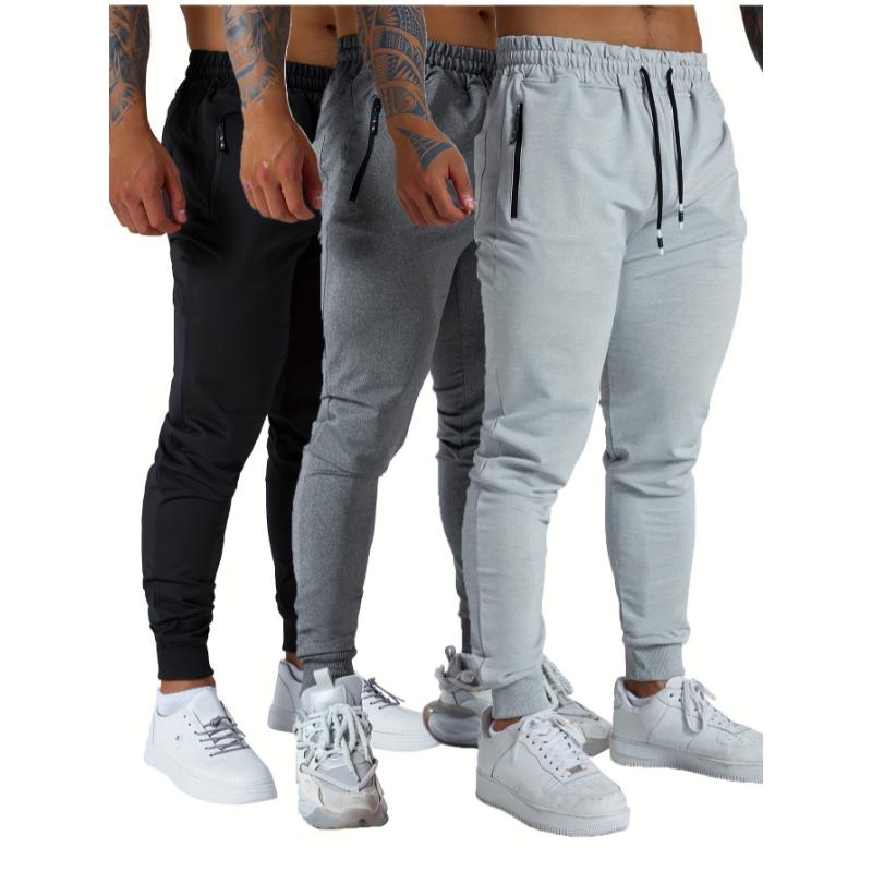 3PCS Zipper Pockets Men's Sweatpants, Tapered Joggers for Athletic Workout, Jogging, Running