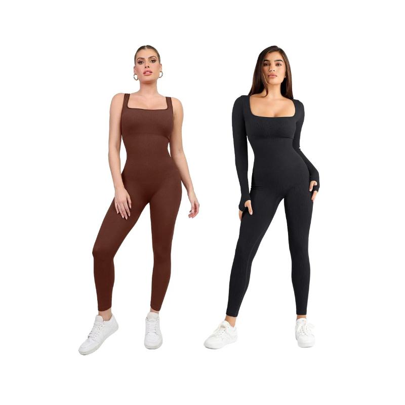 Popilush Sports Seamless Square Neck Long Sleeve Jumpsuits & Sleeveless Jumpsuits Set Celebrity Live