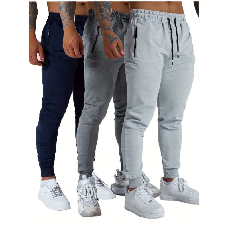 3PCS Zipper Pockets Men's Sweatpants, Tapered Joggers for Athletic Workout, Jogging, Running