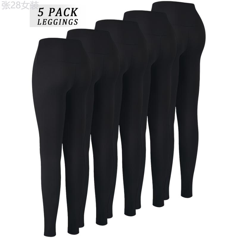 5 Pack Super Soft Leggings for Women: High Waisted, Tummy Control, No See Through, Workout, Yoga, Running Pants - Long Leggings - Adult Size - Stretchy Fabric - Solid Color - Tight Fit - Suitable for All Seasons