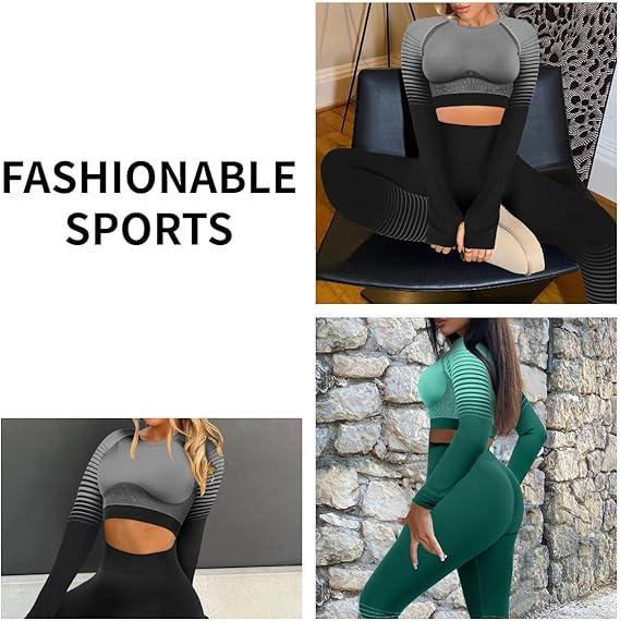 FeelinGirl  Christmas  2 Piece Seamless Long Sleeve Crop Tops Seamless Workout Sets for Women Outfits High Waist Leggings