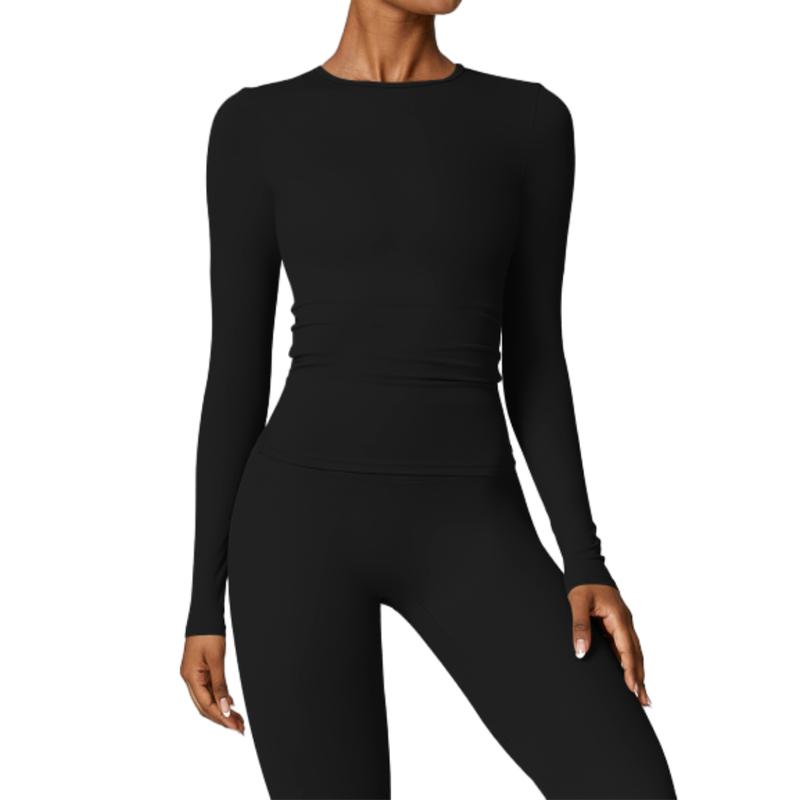 2Pcs Plain Sporty Set, Round Neck Long Sleeves Top & High Waist Running Pant Sports Suit, Women's Activewear