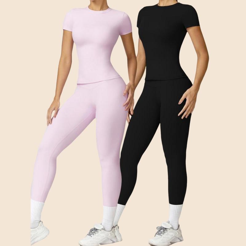 2 4 Counts Women's Solid Round Neck Tee & High Waist Leggings Tracksuit Set, Sporty Comfy T-shirt & Skinny Pants for Yoga Gym Workout,Back To School Sportswear,Women's Tracksuits, Fall Clothes Downtown Girl Outfit 13