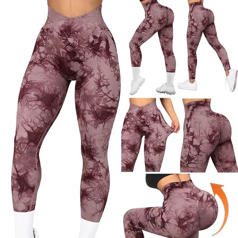 Seamless V Waist Leggings Women Tie Dye Slim Tights Stretchy High Waist Running Cycling Sexy Hip Liftting Yoga Fitness Pants Camo Print