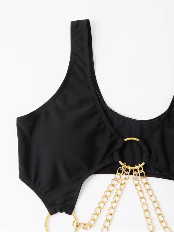 Women's Chain Linked Cut Out One-piece Swimsuit, O-ring Monokini Bathing Suit, Women's Summer Beach Vacation Swimwear