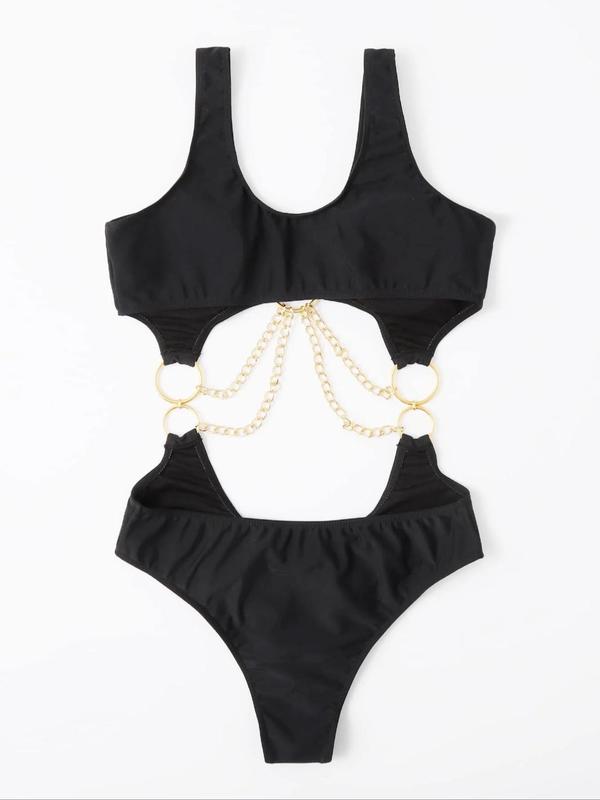 Women's Chain Linked Cut Out One-piece Swimsuit, O-ring Monokini Bathing Suit, Women's Summer Beach Vacation Swimwear