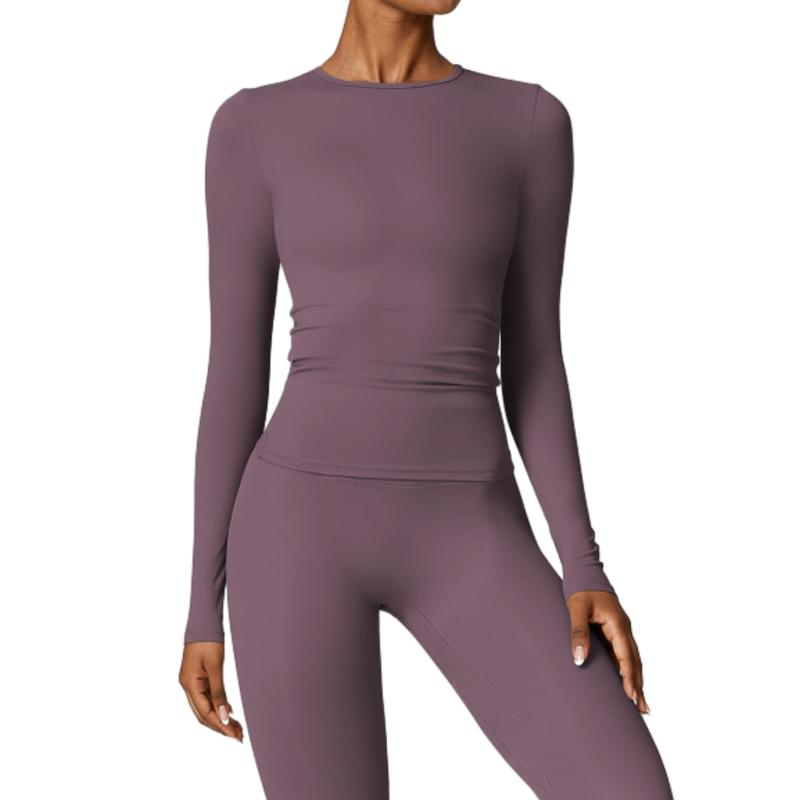 2Pcs Plain Sporty Set, Round Neck Long Sleeves Top & High Waist Running Pant Sports Suit, Women's Activewear