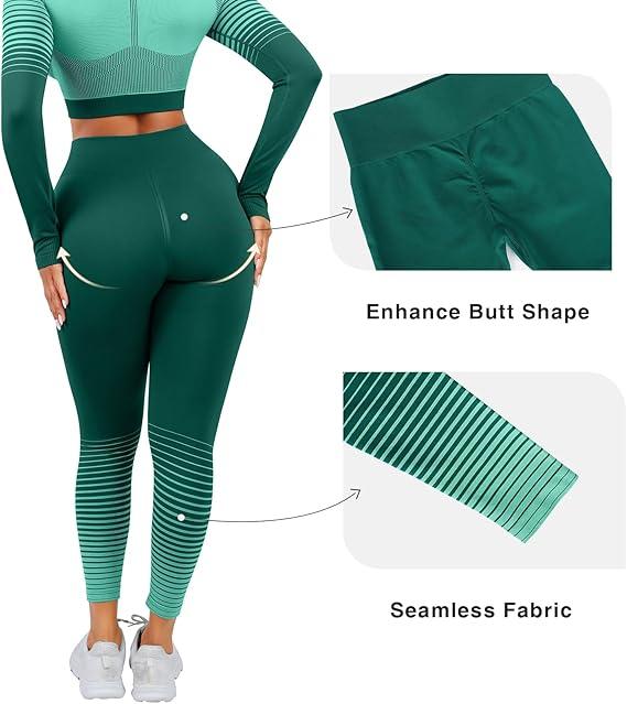 FeelinGirl  Christmas  2 Piece Seamless Long Sleeve Crop Tops Seamless Workout Sets for Women Outfits High Waist Leggings