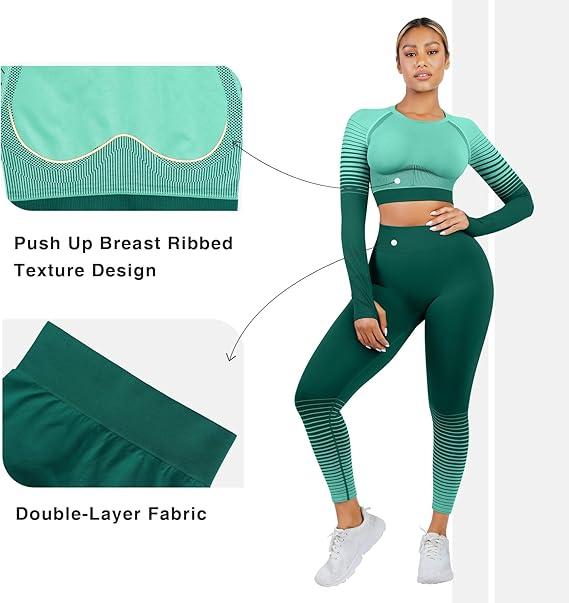 FeelinGirl  Christmas  2 Piece Seamless Long Sleeve Crop Tops Seamless Workout Sets for Women Outfits High Waist Leggings