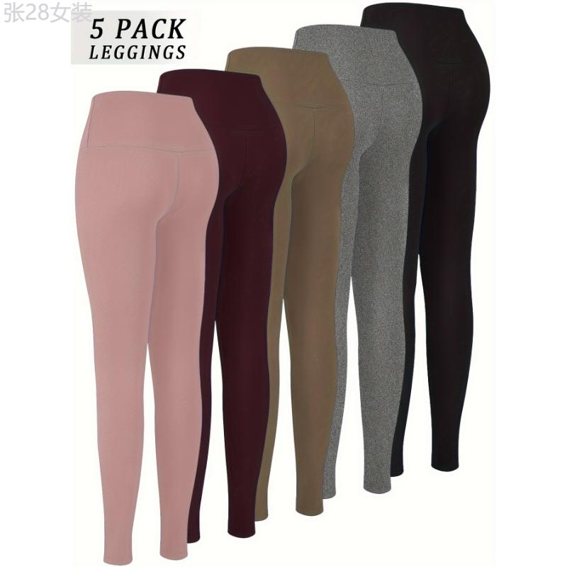 5 Pack Super Soft Leggings for Women: High Waisted, Tummy Control, No See Through, Workout, Yoga, Running Pants - Long Leggings - Adult Size - Stretchy Fabric - Solid Color - Tight Fit - Suitable for All Seasons