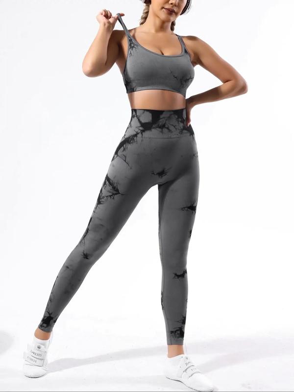 Two-Piece Set Women's Tie Dye Print Criss Cross Sports Bra & High Waist Leggings Tracksuit Set, Sporty Casual Breathable Outfits for Yoga Gym Workout Running, Ladies Sportswear for All Seasons