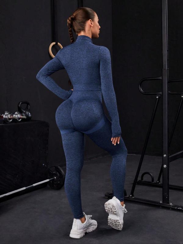 Women's Solid Zip Up Thumb Hole Crop Jacket & High Waist Leggings Tracksuit Set, Sporty Breathable Comfy Outfits for Yoga Gym Workout Running, Ladies Sportswear for All Seasons