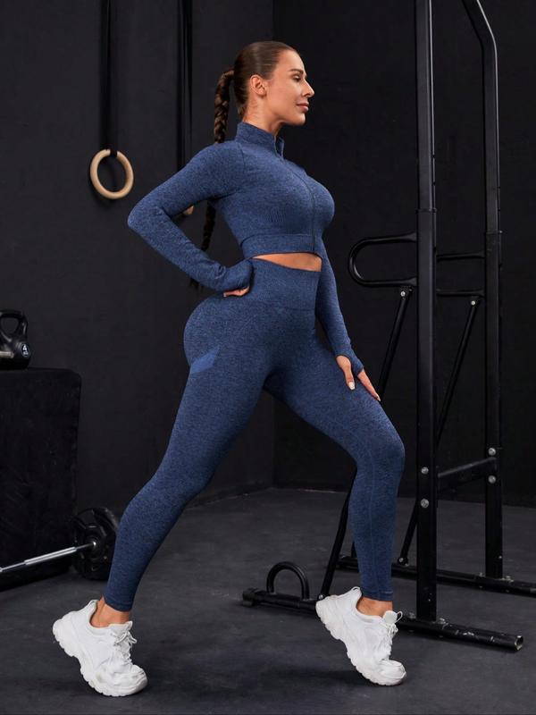 Women's Solid Zip Up Thumb Hole Crop Jacket & High Waist Leggings Tracksuit Set, Sporty Breathable Comfy Outfits for Yoga Gym Workout Running, Ladies Sportswear for All Seasons