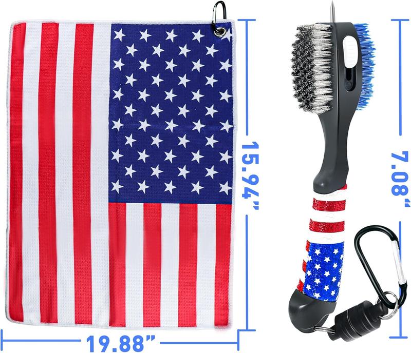 Golf Club Brush and Amercian Flag Golf Towels, Golf Groove Cleaner Cleaning kit, Golf Accessories Cleaner Tool with Strong Magnet Stick to Golf Club