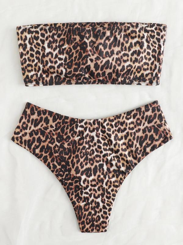 Women's Leopard Print Bandeau Top & High Cut Swim Bottom Bikini Set, Casual Strapless Top & High Waist Swim Bottom Two-piece Swimsuit, Ladies Swimwear for Summer Beach