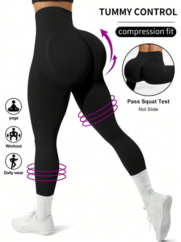 Women's Solid Ruched High Waist Sports Leggings, High Stretch Seamless Yoga Leggings, Ladies Sportswear for Indoor Outdoor Wear