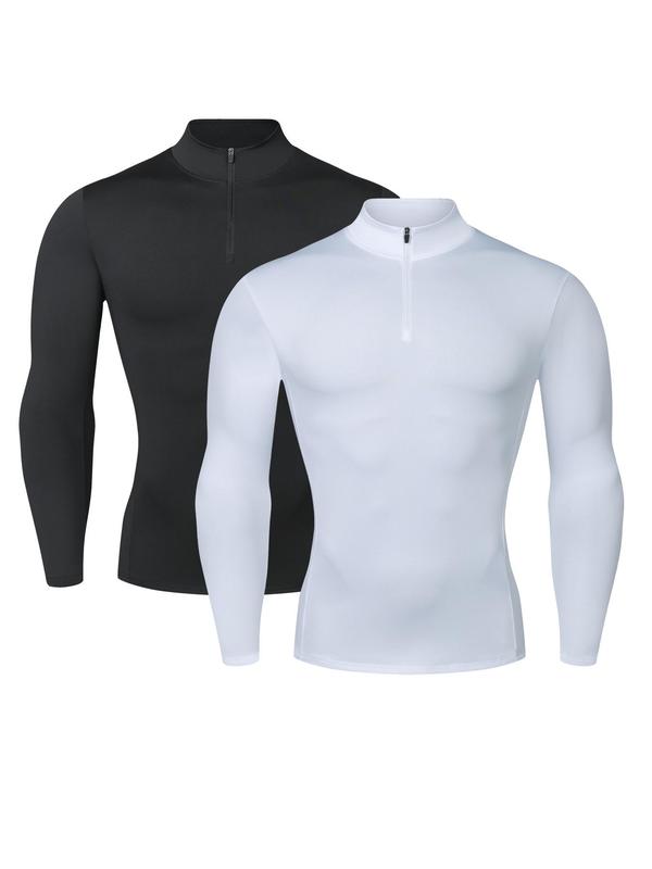 Men's Solid Half Zip Up Mock Neck Sports Tee, Quick Drying Breathable Long Sleeve Skinny T-shirt for Outdoor Running, Men's Sportswear for All Seasons