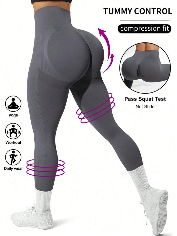 Women's Solid Ruched High Waist Sports Leggings, High Stretch Seamless Yoga Leggings, Ladies Sportswear for Indoor Outdoor Wear