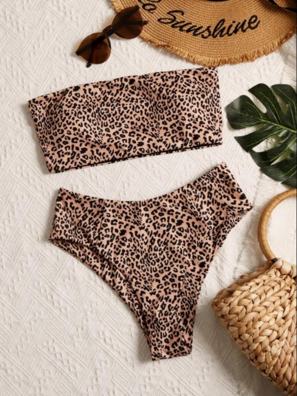 Women's Leopard Print Bandeau Top & High Cut Swim Bottom Bikini Set, Casual Strapless Top & High Waist Swim Bottom Two-piece Swimsuit, Ladies Swimwear for Summer Beach