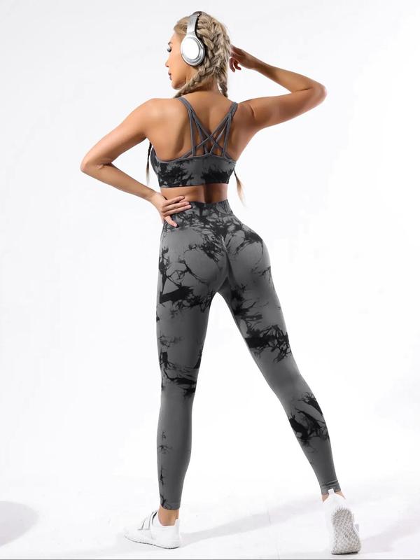 Two-Piece Set Women's Tie Dye Print Criss Cross Sports Bra & High Waist Leggings Tracksuit Set, Sporty Casual Breathable Outfits for Yoga Gym Workout Running, Ladies Sportswear for All Seasons