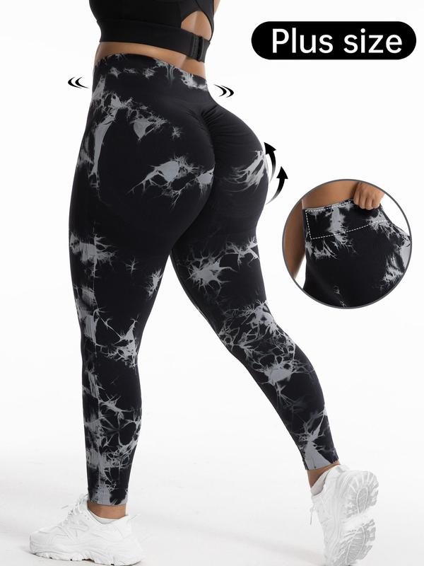 Plus Size Tie Dye Ruched Sports Tummy Control Leggings, High Stretch Yoga Leggings, Ladies Sportswear for Indoor Outdoor Wear, Fall Outfits 2024