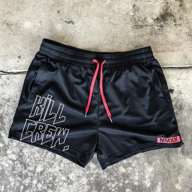 [Kill Crew] Muay Thai Shorts Logo - Black, Unisex, Mid Thigh Cut, Pockets, Gym Shorts, Elastic Waistband, Long drawcord with wax tips