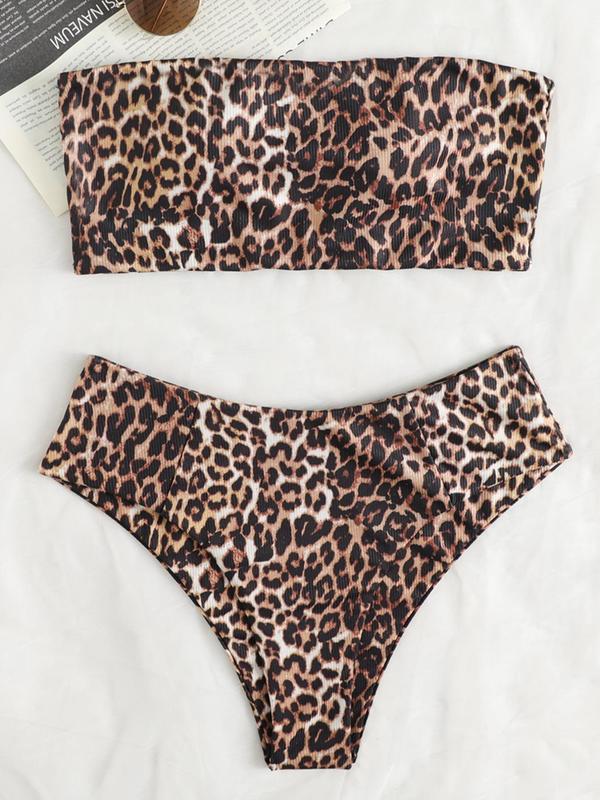 Women's Leopard Print Bandeau Top & High Cut Swim Bottom Bikini Set, Casual Strapless Top & High Waist Swim Bottom Two-piece Swimsuit, Ladies Swimwear for Summer Beach