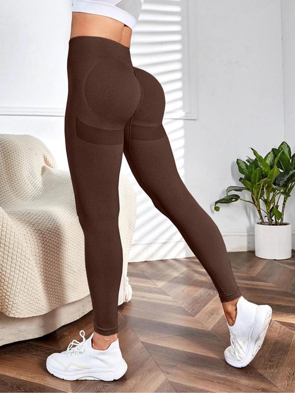 Women's Solid Ruched High Waist Sports Leggings, High Stretch Seamless Yoga Leggings, Ladies Sportswear for Indoor Outdoor Wear