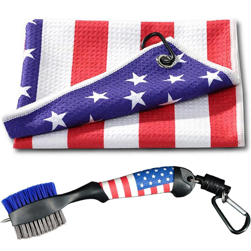 Golf Club Brush and Amercian Flag Golf Towels, Golf Groove Cleaner Cleaning kit, Golf Accessories Cleaner Tool with Strong Magnet Stick to Golf Club