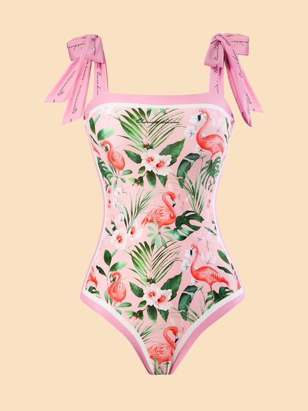 Women's Knot Contrast Binding One-piece Swimsuit, Vintage Floral & Flamingo Print Swimwear, Ladies Summer Swimsuit for Beach Holiday Vacation