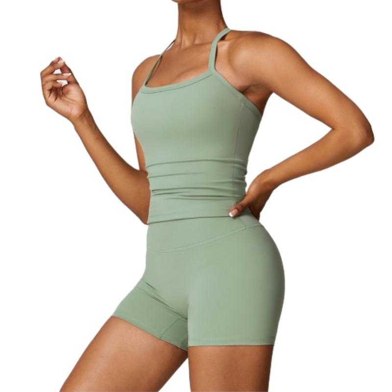 Women's Athletic Set: High Stretch Nylon Backless Tank Top & High-Waist Running Shorts - Stretchy, Skinny Short Activewear Cami Top High Waist