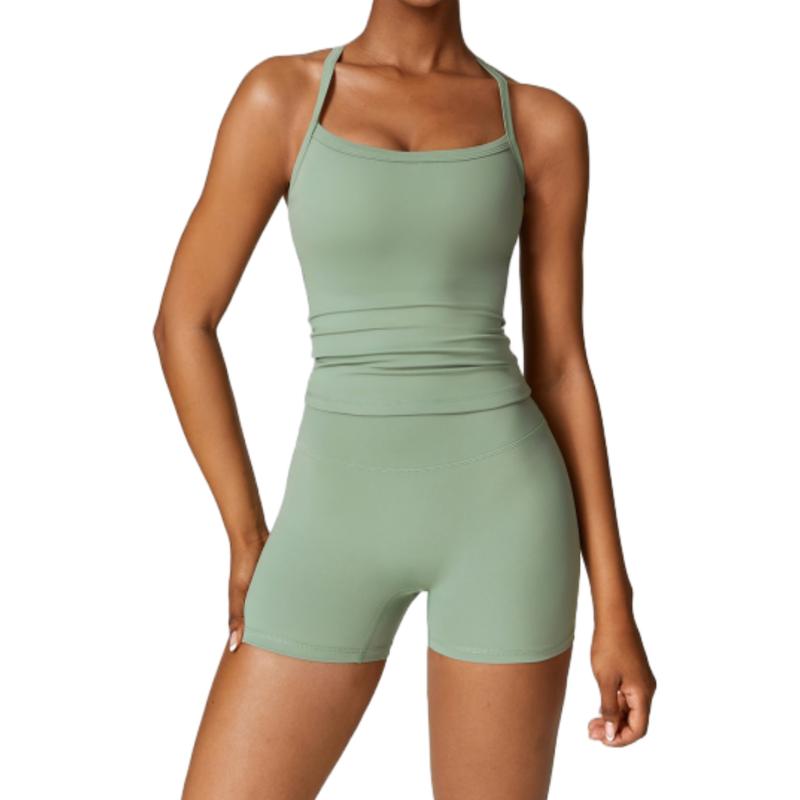 Women's Athletic Set: High Stretch Nylon Backless Tank Top & High-Waist Running Shorts - Stretchy, Skinny Short Activewear Cami Top High Waist