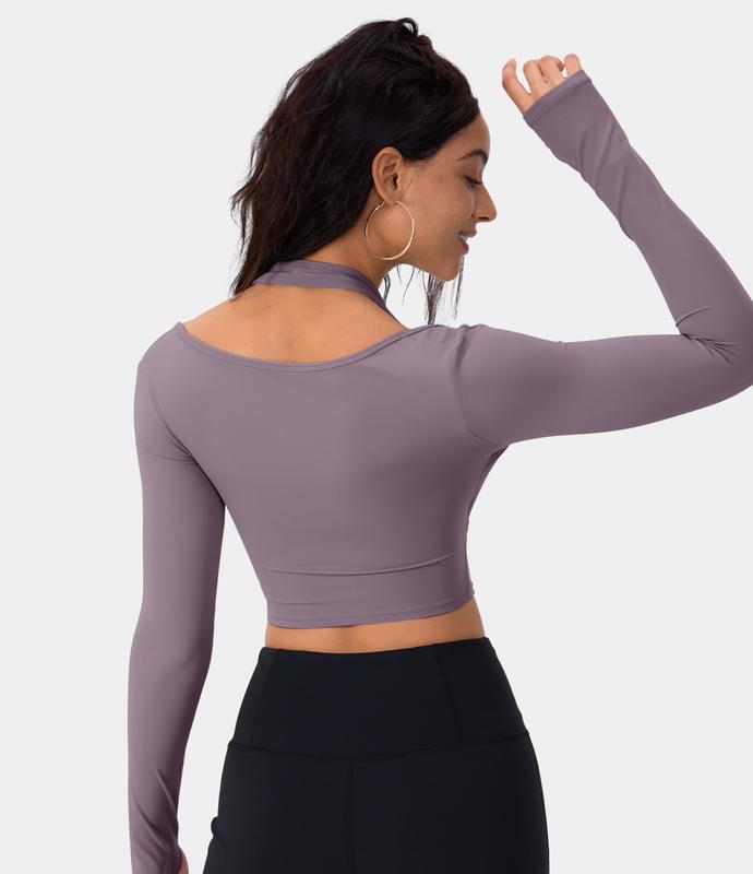 Halara Softlyzero️ plush Halter Thumb Hole Long Sleeve Cropped 2-in-1 Yoga Sports Top