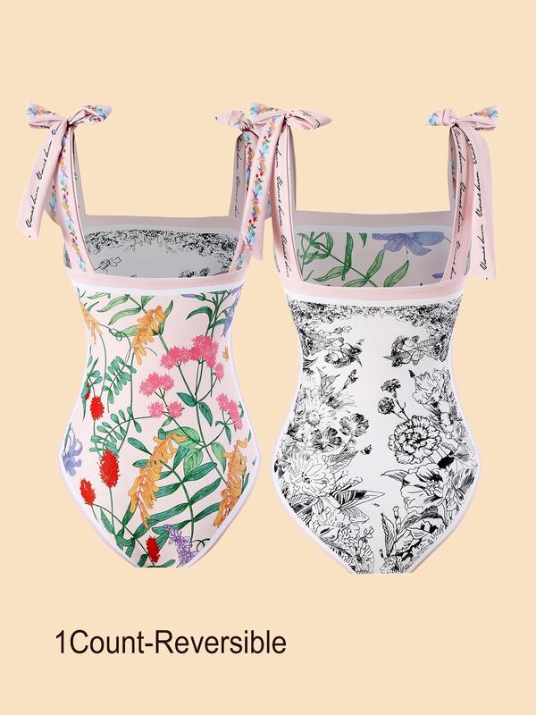 Women's Knot Contrast Binding One-piece Swimsuit, Vintage Floral & Flamingo Print Swimwear, Ladies Summer Swimsuit for Beach Holiday Vacation