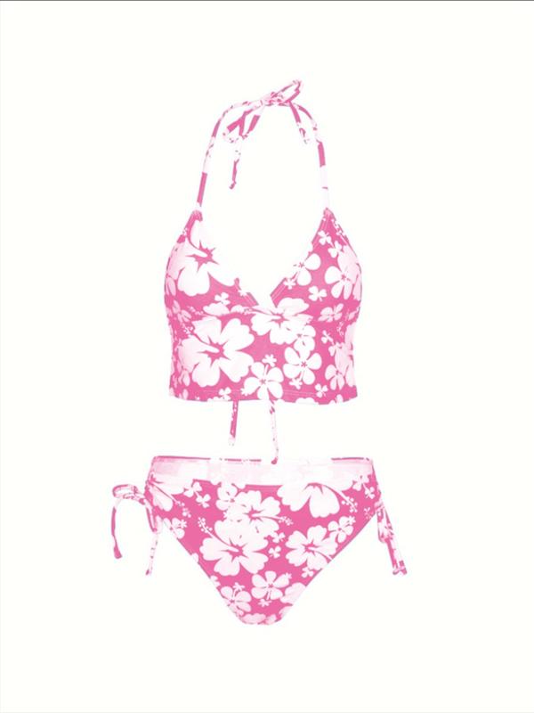 Two-piece Set Women's Floral Print Tie Back Bikinis Set, Summer Outfits 2024, Halter Wireless Swim Top & Drawstring Tie Side Swim Bottom, Two-piece Swimsuit for Summer Beach, Summer Clothes Sets