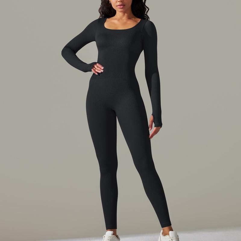 NANKEYSTAR Jumpsuits for Women Yoga Long Sleeve Square Neck Ribbed Workout Sport Bodycon Romper Womenswear Overalls