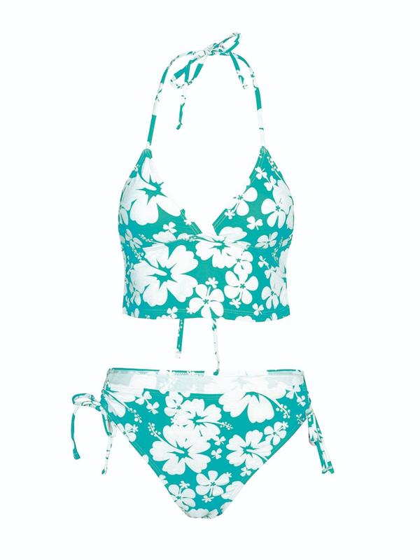 Two-piece Set Women's Floral Print Tie Back Bikinis Set, Summer Outfits 2024, Halter Wireless Swim Top & Drawstring Tie Side Swim Bottom, Two-piece Swimsuit for Summer Beach, Summer Clothes Sets