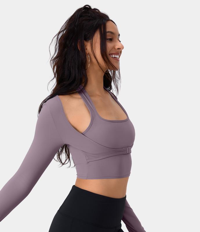 Halara Softlyzero️ plush Halter Thumb Hole Long Sleeve Cropped 2-in-1 Yoga Sports Top