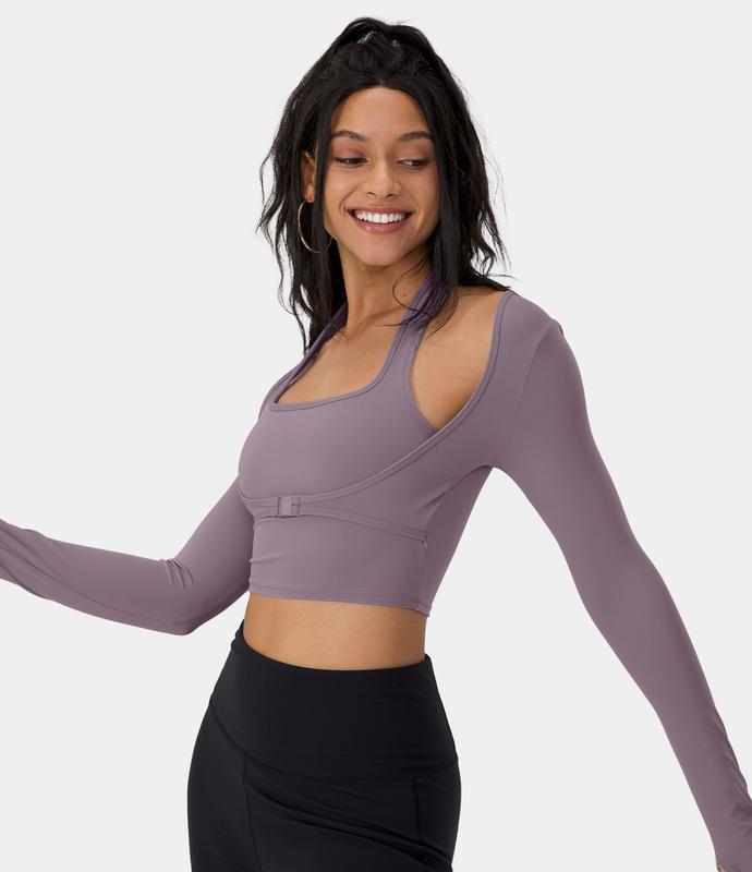 Halara Softlyzero️ plush Halter Thumb Hole Long Sleeve Cropped 2-in-1 Yoga Sports Top