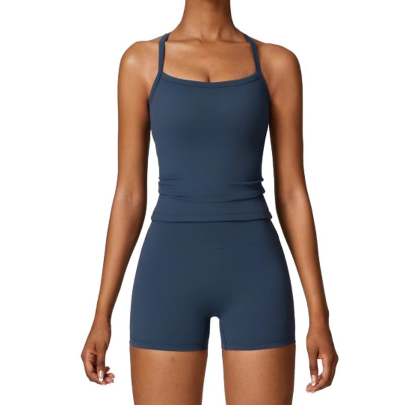 Women's Athletic Set: High Stretch Nylon Backless Tank Top & High-Waist Running Shorts - Stretchy, Skinny Short Activewear Cami Top High Waist