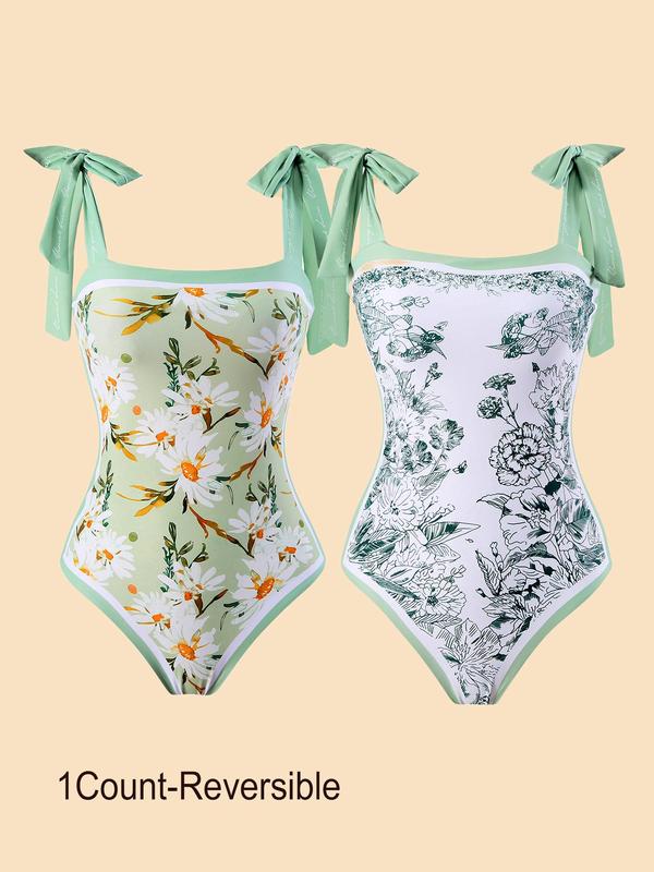 Women's Knot Contrast Binding One-piece Swimsuit, Vintage Floral & Flamingo Print Swimwear, Ladies Summer Swimsuit for Beach Holiday Vacation