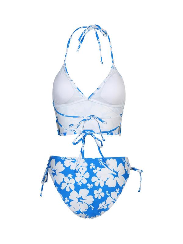 Two-piece Set Women's Floral Print Tie Back Bikinis Set, Summer Outfits 2024, Halter Wireless Swim Top & Drawstring Tie Side Swim Bottom, Two-piece Swimsuit for Summer Beach, Summer Clothes Sets