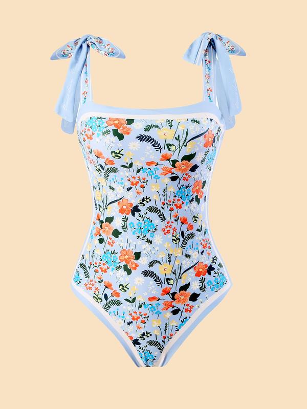 Women's Knot Contrast Binding One-piece Swimsuit, Vintage Floral & Flamingo Print Swimwear, Ladies Summer Swimsuit for Beach Holiday Vacation