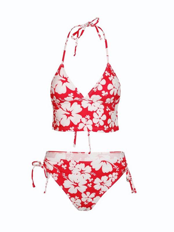 Two-piece Set Women's Floral Print Tie Back Bikinis Set, Summer Outfits 2024, Halter Wireless Swim Top & Drawstring Tie Side Swim Bottom, Two-piece Swimsuit for Summer Beach, Summer Clothes Sets