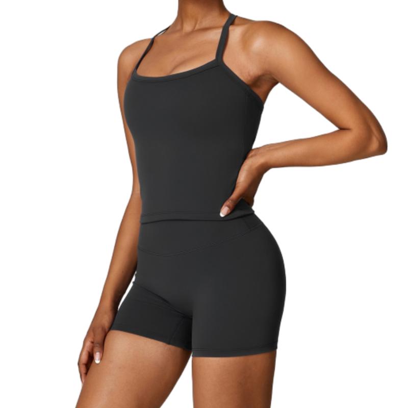 Women's Athletic Set: High Stretch Nylon Backless Tank Top & High-Waist Running Shorts - Stretchy, Skinny Short Activewear Cami Top High Waist