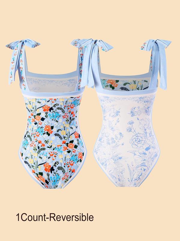 Women's Knot Contrast Binding One-piece Swimsuit, Vintage Floral & Flamingo Print Swimwear, Ladies Summer Swimsuit for Beach Holiday Vacation