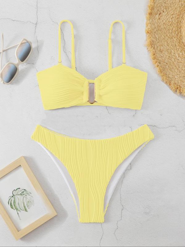 Two-Piece Set Women's Textured Ruched Bikini Set, Solid Adjustable Strap Swim Top & High Cut Swim Bottom, Ladies Swimsuit for Summer Beach Holiday Vacation